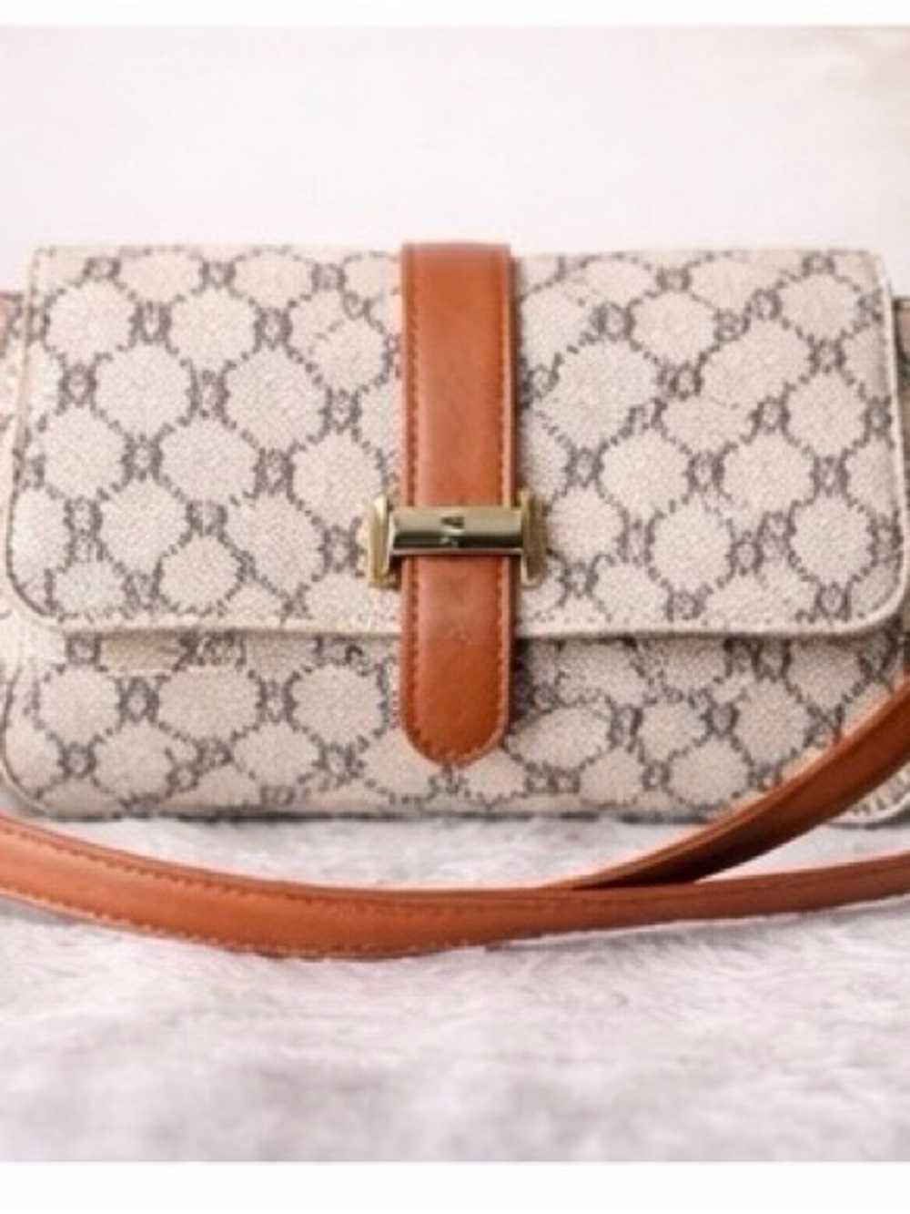 Designer-Inspired Beige Monogram Crossbody Bag with Tan Trim